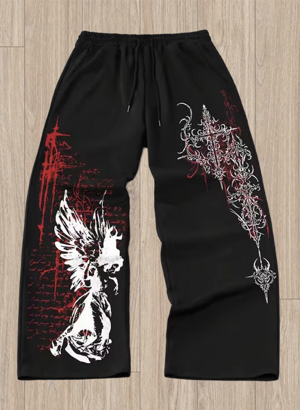 Streetwear Hose mit Engel-Print – Schwarz/Rot/Weiß – Unisex